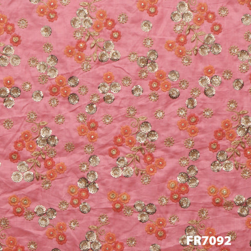 Zari Embroidered Sequins Linen Silk Fabric-FR7092